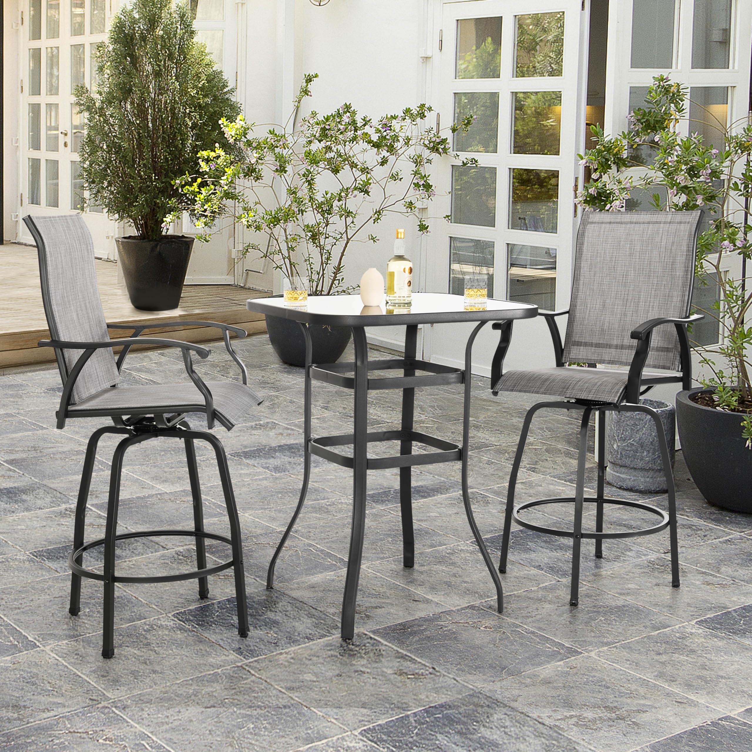 3 Piece Outdoor Patio Bar Set, Patio Bar Furniture Set, Outdoor Tempered Glass Square Bar Table