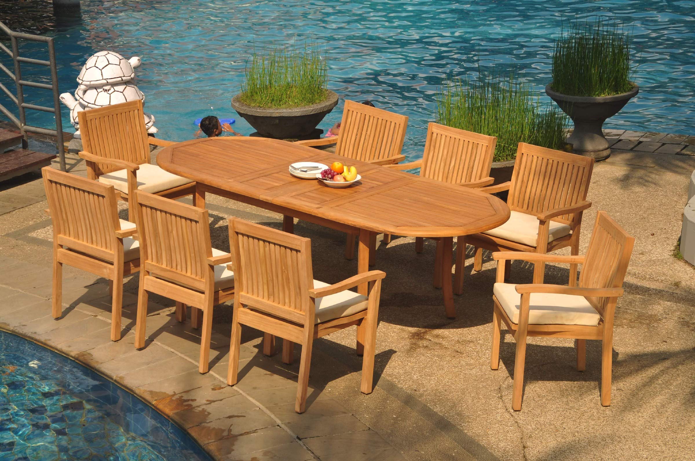8 Seats 9 Pcs Grade-A Teak Wood Dining Set: 94" Double Extension Oval Table