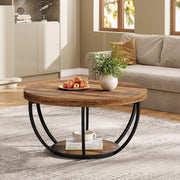 Round Coffee Table, 31.7" Wooden 2-Tier Circle Coffee Table with Storage Shelves