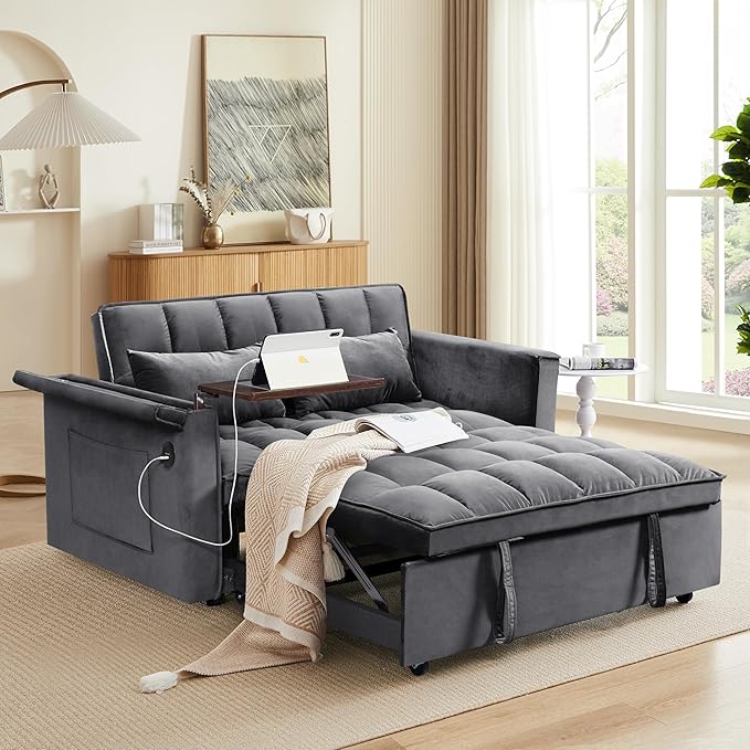 3-in-1 Pull Out Velvet Sofa Bed, Adjustable Backrest Tufted Velvet Love Seat Couch