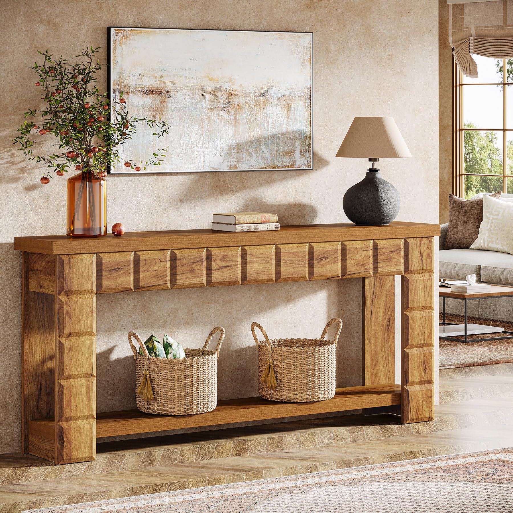 70.9" Extra Long Console Table, Farmhouse 2-Tier Entryway Table with Storage