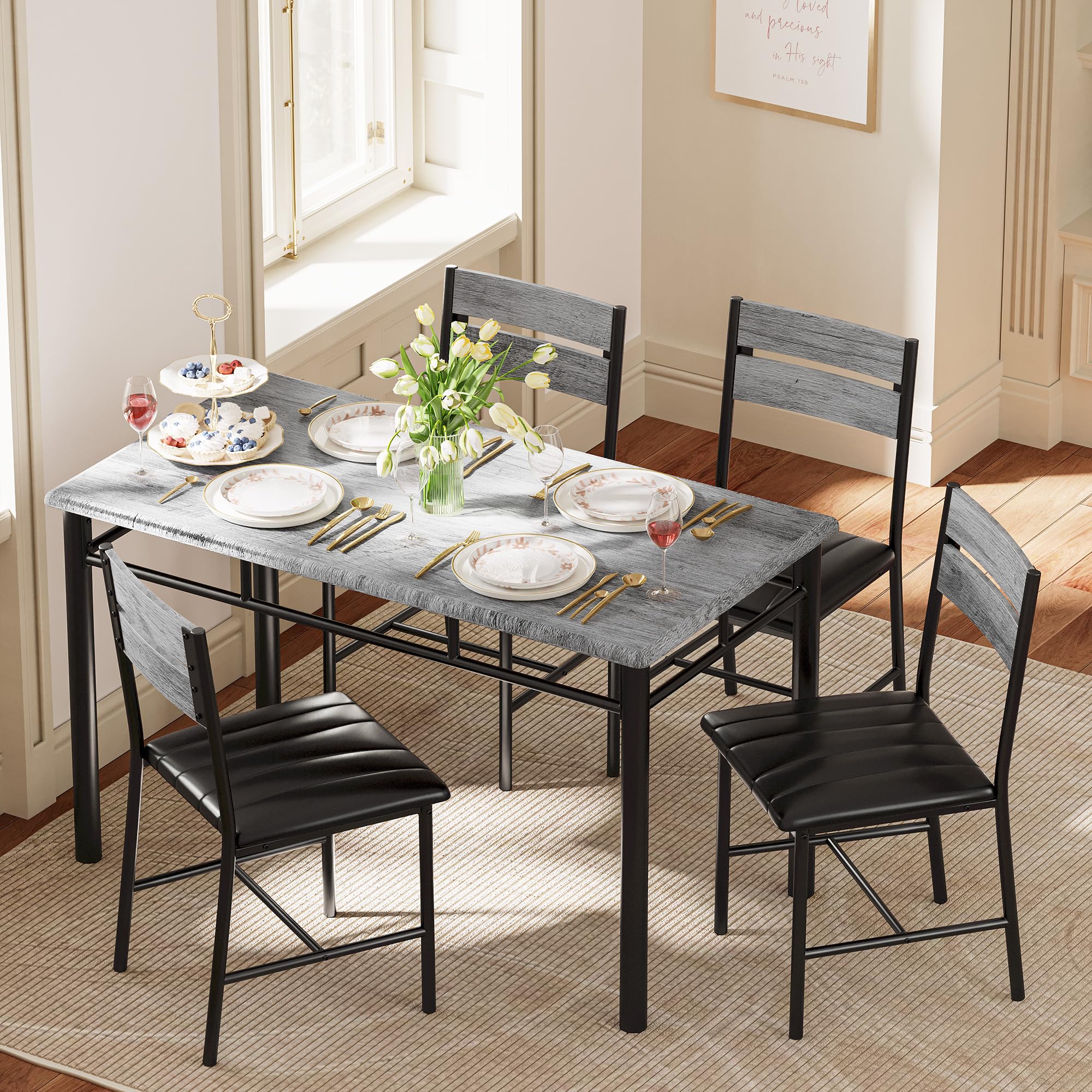 4-Piece Dining Table Set with Upholstered Chairs - Grey Wood Kitchen Table