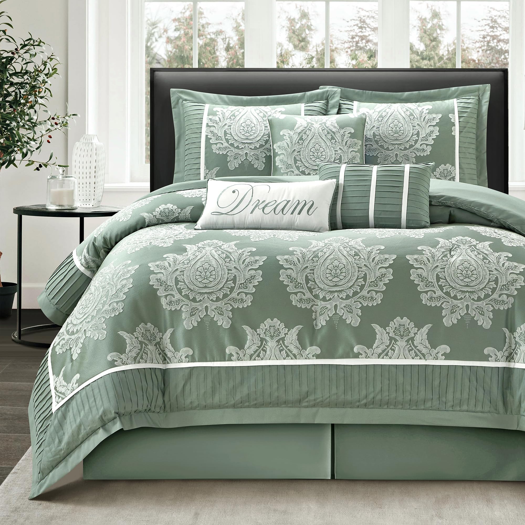 Sage California King Comforter Set 7 Pieces, Jacquard Woven with Damask, Bedding Set