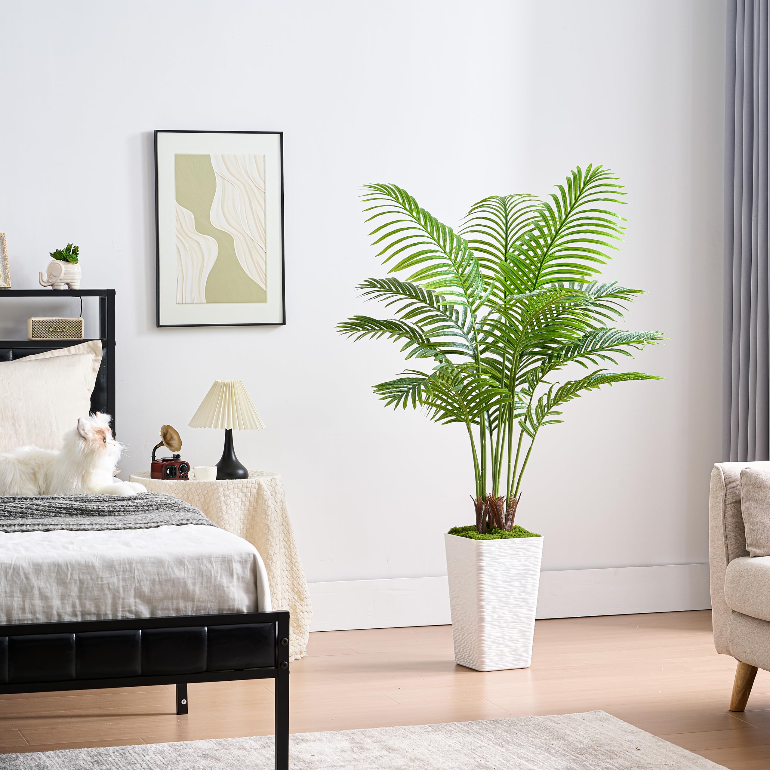 Artificial Palm Tree Artificial Silk Plant Fake Tree with White Tall Planter Faux Tropical Areca Floor Plant in Pot (1, White Tall Planter, 5 FT)