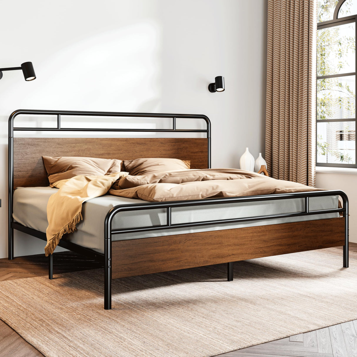 Wooden Headboard and Footboard, Rounded Corner Metal Structure, Heavy Duty Slats