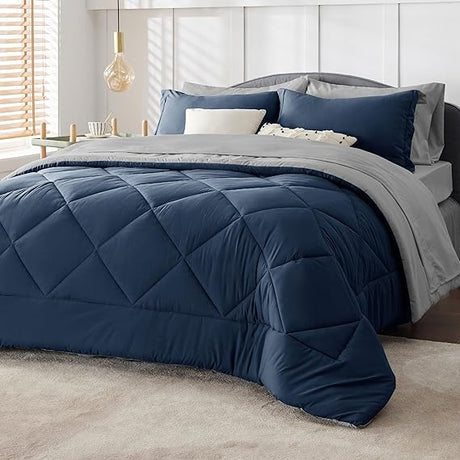 Navy King Comforter Set - 7 Pieces Solid King Bed in a Bag