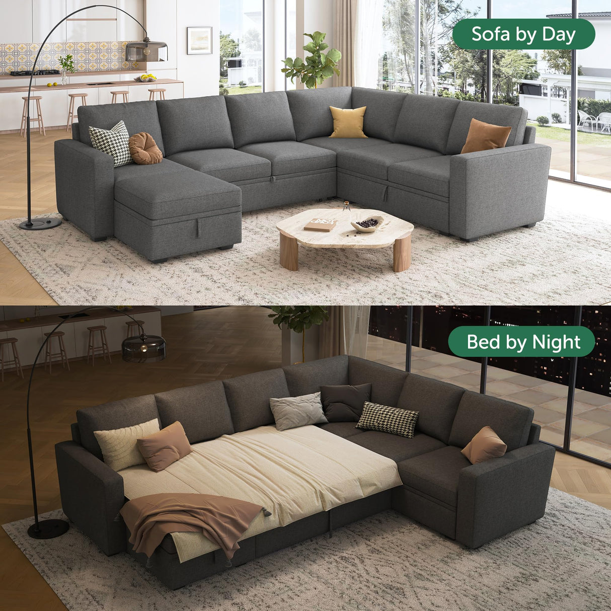 Modular Sectional Sleeper Sofa with Pull Out Bed, U Shaped Sectional Couch