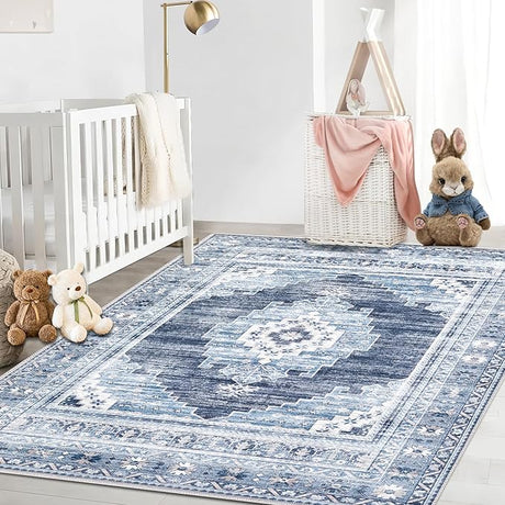 Area Rug 8x10 Large Rug: Washable Non-Slip Rugs Chenille Print Rug Soft Low-Pile Indoor Vintage Carpet for Living Room Bedroom Dining Table Kitchen Home Office(Blue, 8'x10')