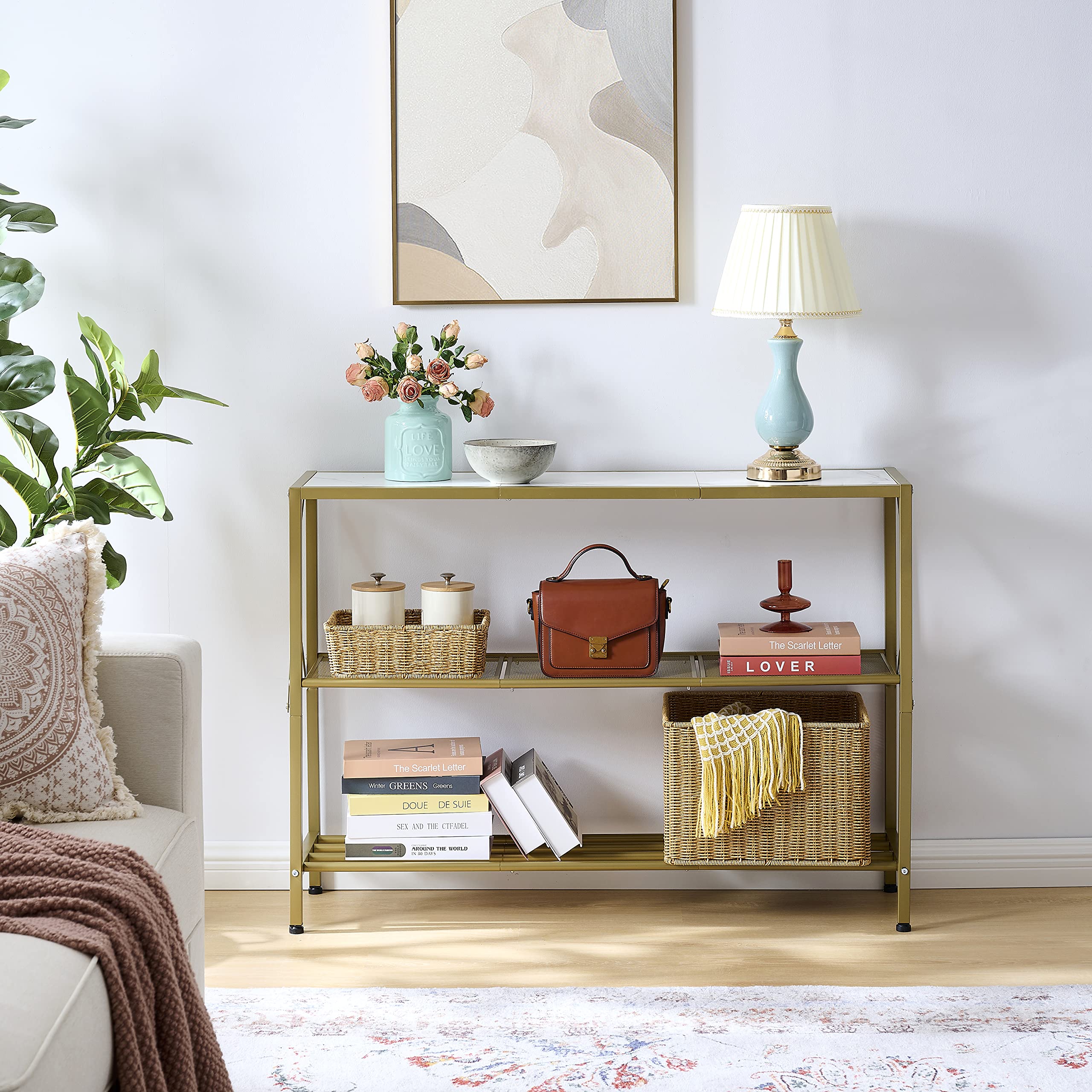 Gold Console Table, 3 Tier Entryway Table, Hallway Table, Narrow Sofa Table with Shelves