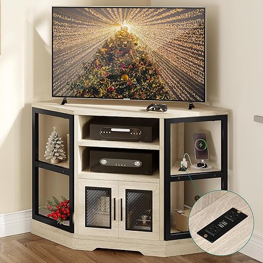 Corner TV Stand for TVs up to 55 Inch with Power Outlet, Modern Farmhouse