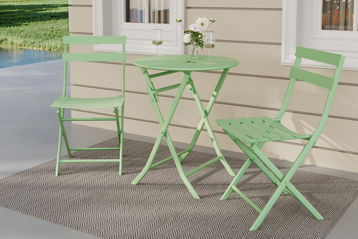 3-Piece Patio Bistro Sets, Outdoor Space-Saving Folding Bistro Table and Chairs, Patio Furniture Set with Strong Round Tube Metal Frame, Weather Resistant Conversation Set for Yard Garden, Green
