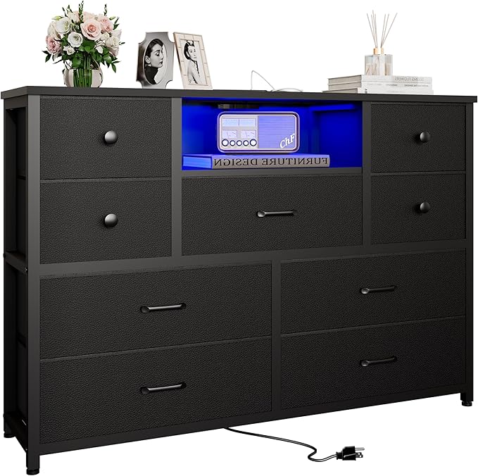 Dresser with Power Outlets and LED Lights, Fabric Chest of Drawers, 25 Colors, 8 Drawers