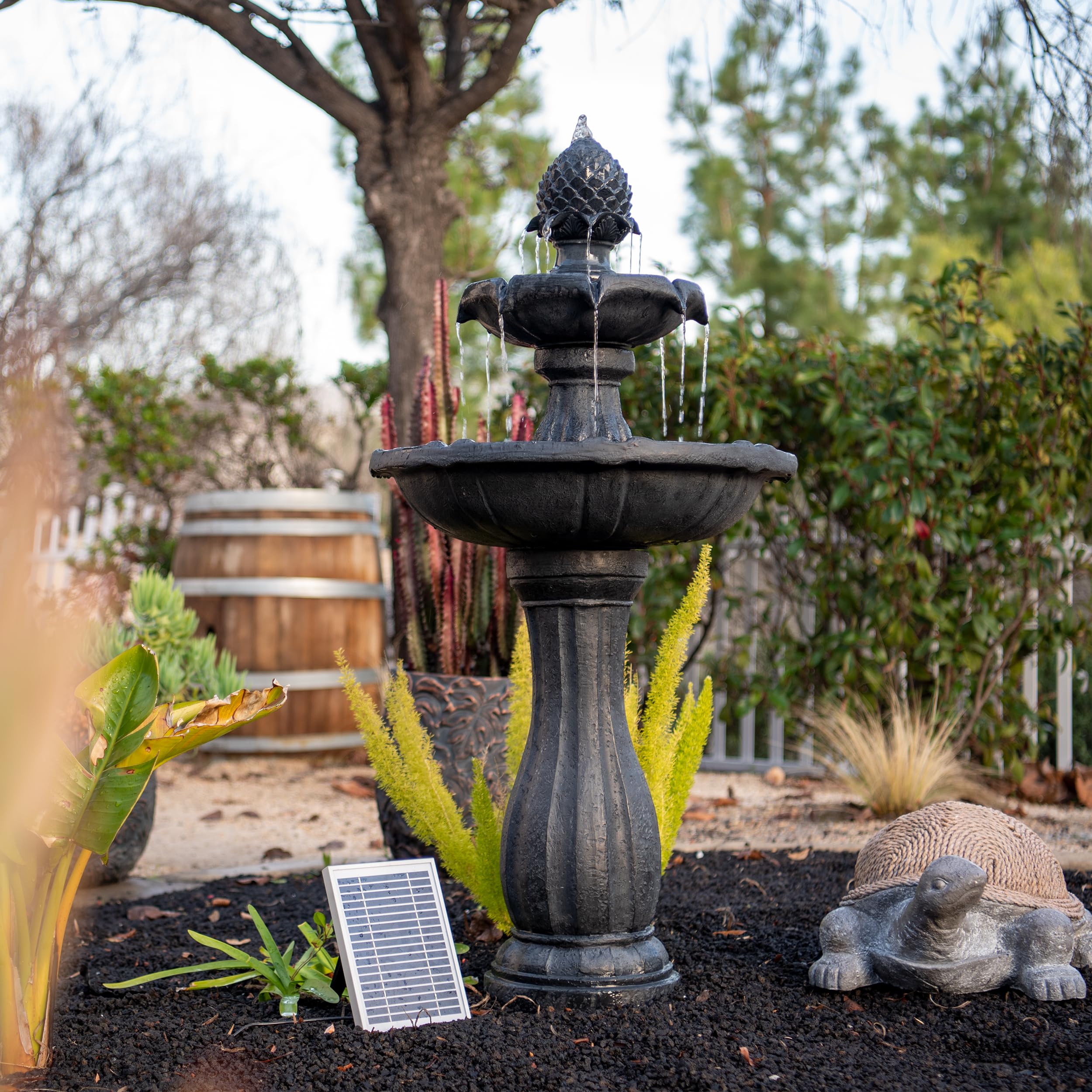 44" Tall Black Fiberglass/Resin 2-Tiered Solar Water Fountain w/Solar Panel and Auto-Shut