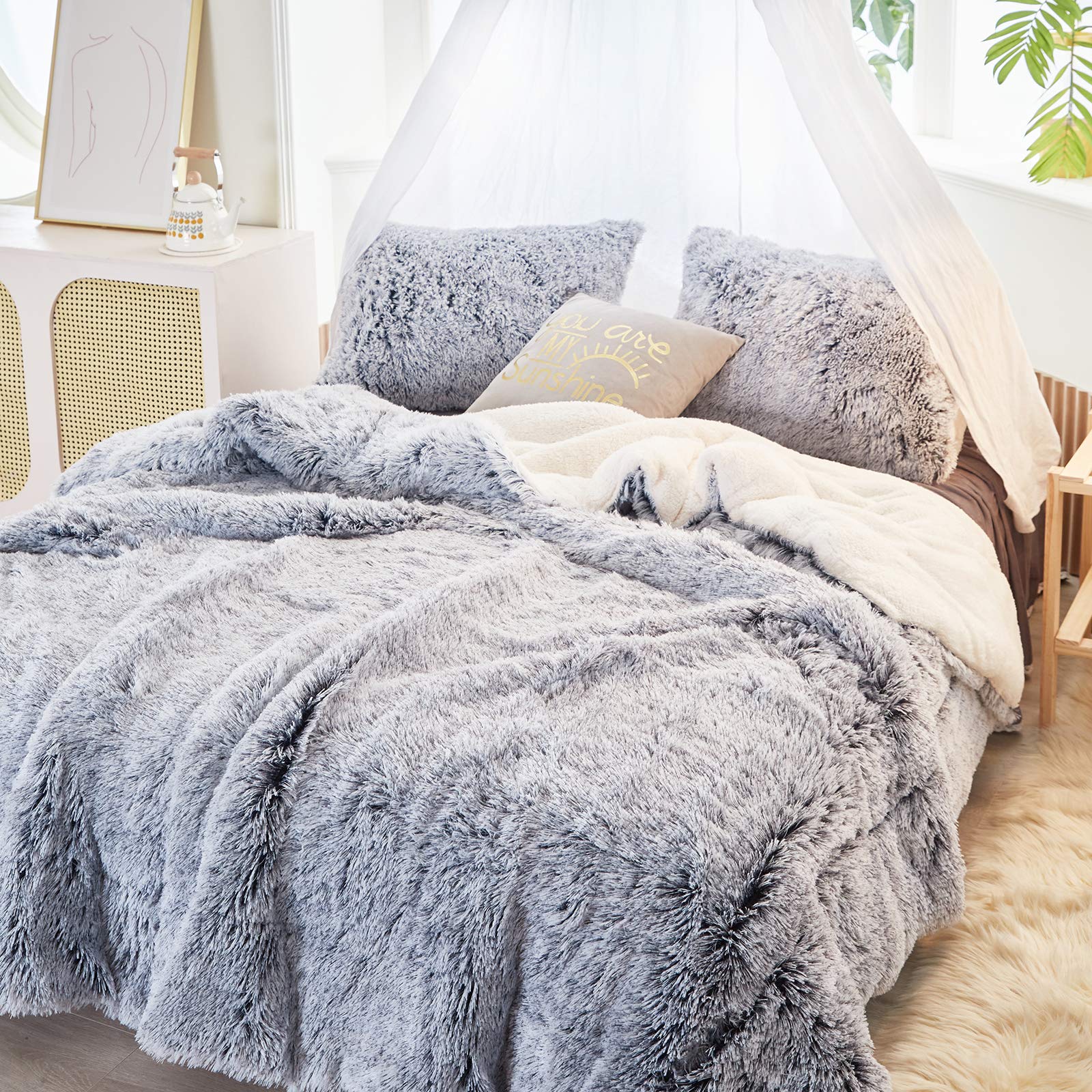 3-Piece Plush Shaggy Comforter Set, Full/Queen Size Luxury Faux Fur Sherpa Reversible