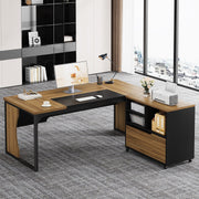 L-Shaped Executive Computer Desk with Mobile File Cabinet, 63 inch Large Office Table