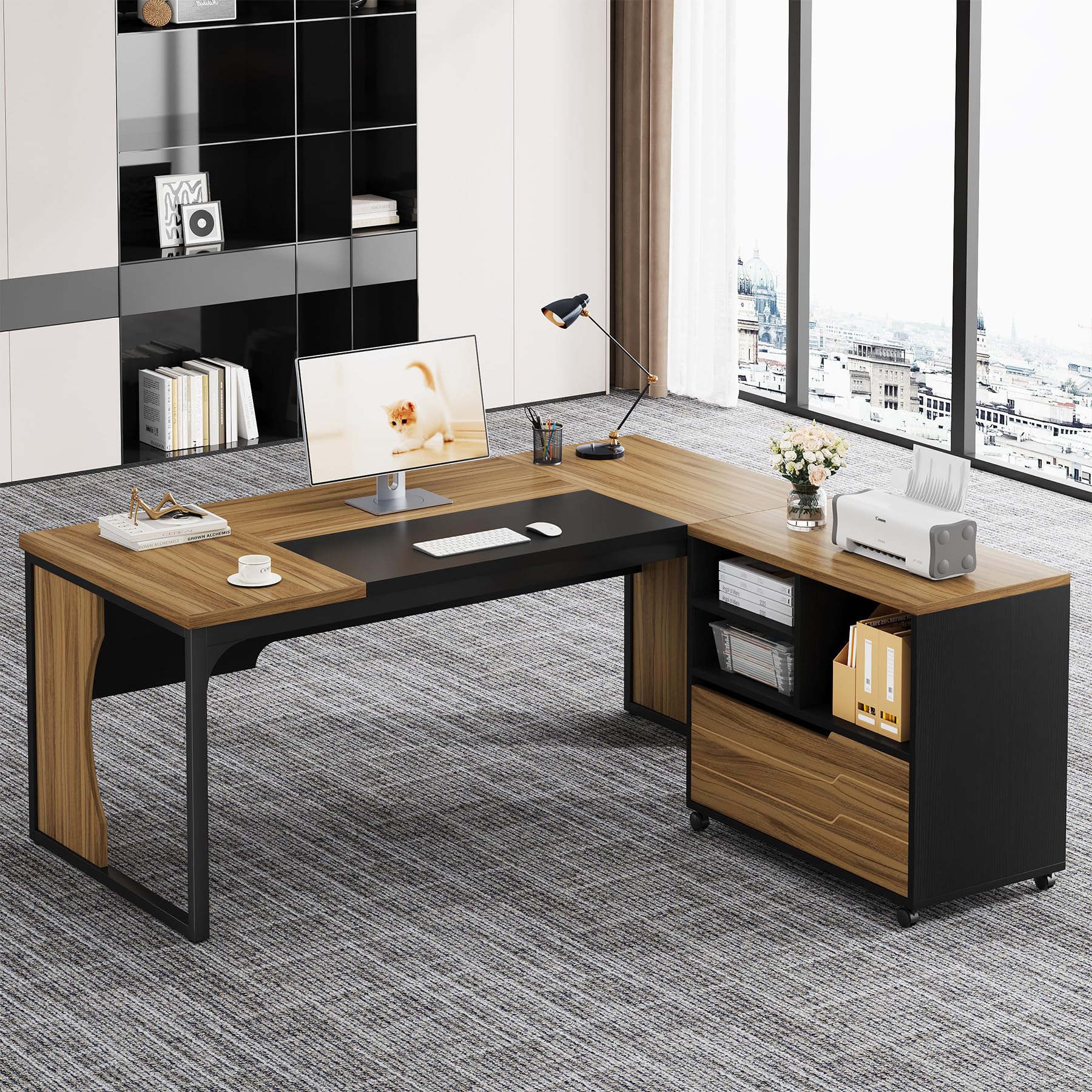 L-Shaped Executive Computer Desk with Mobile File Cabinet, 63 inch Large Office Table