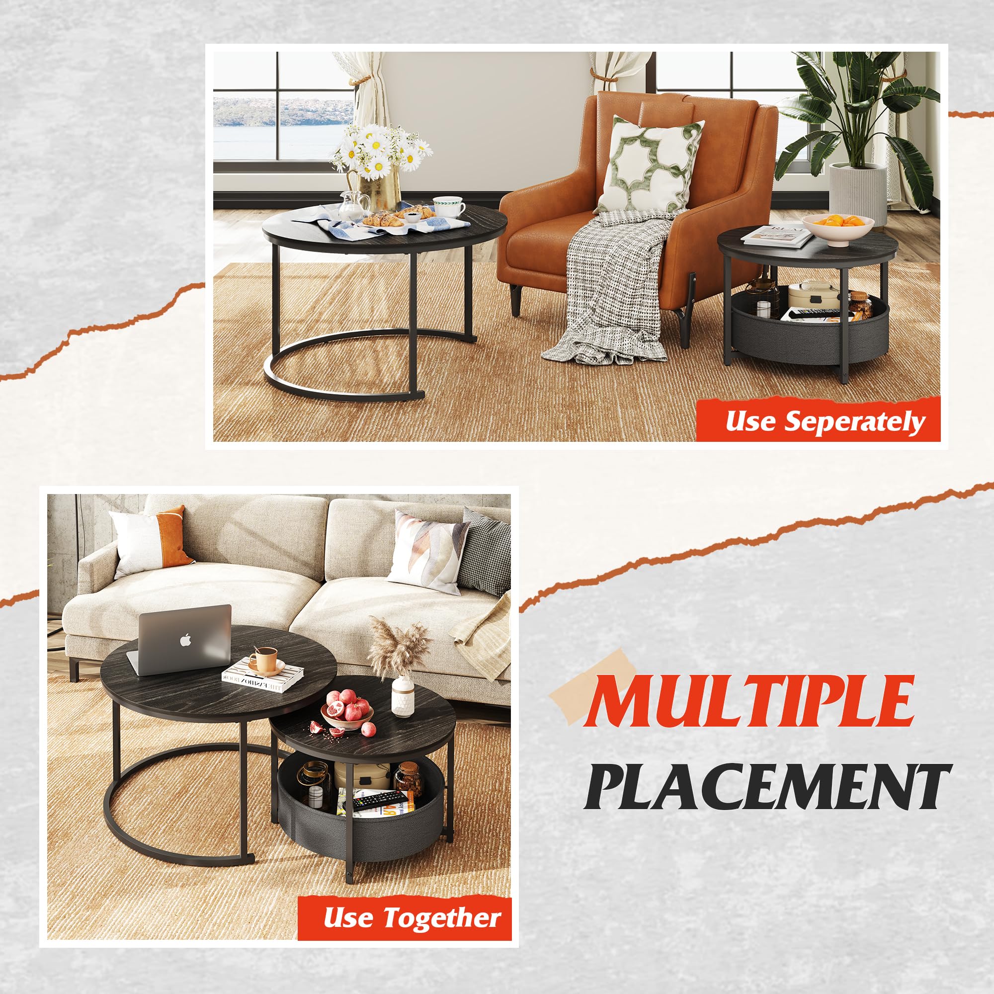 Round Coffee Table Set of 2, 31.5" and 23.6" Nesting Table for Living Room
