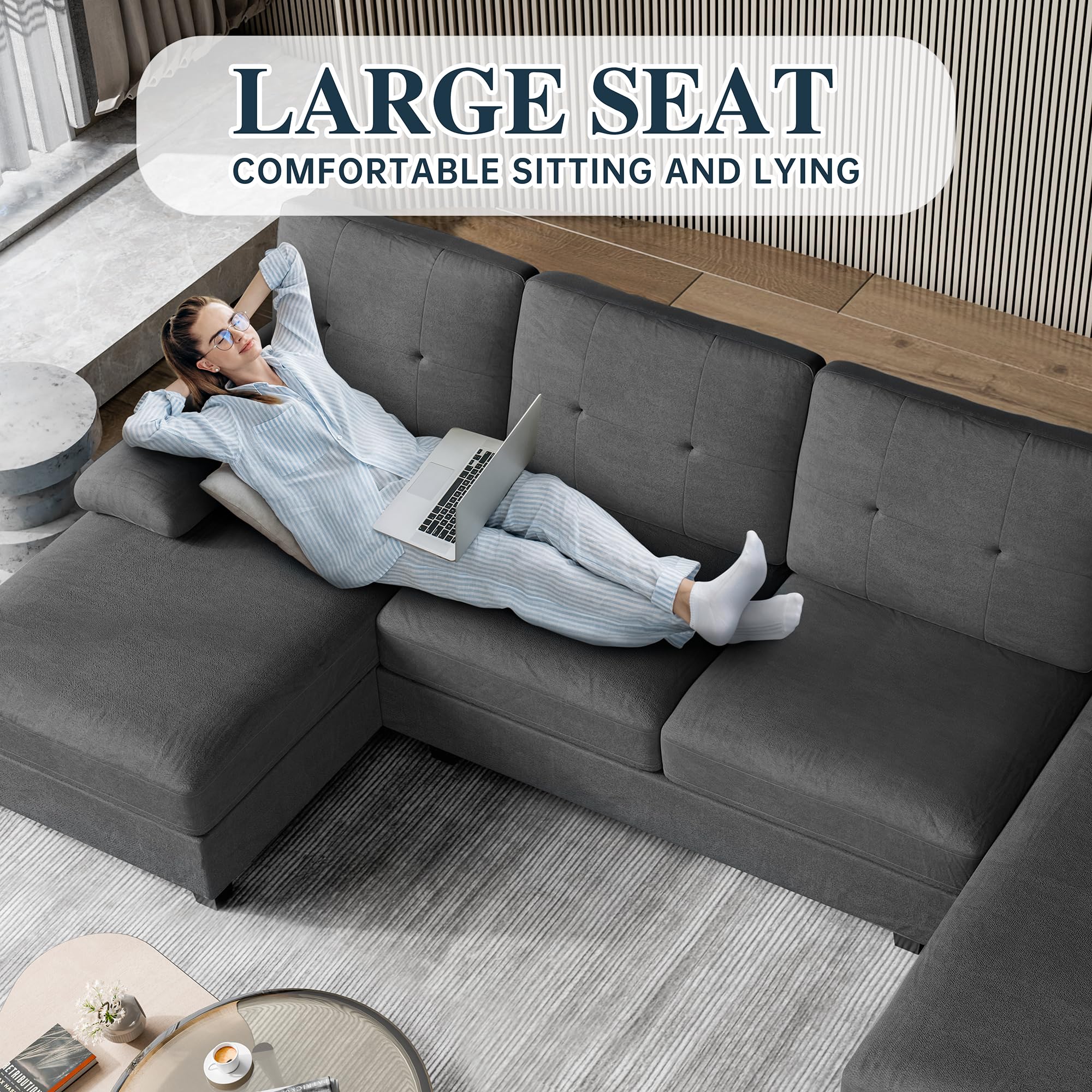Sectional Sofa Couch, U-Shaped Couches for Living Room, 4 Seat Sofa with Oversized Seats and Double Chaise