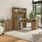 Cabot L Shaped Desk with Hutch and Small Storage Cabinet with Doors in Reclaimed Pine