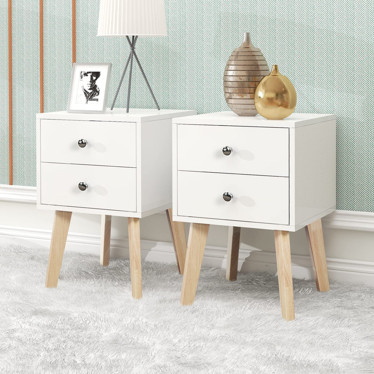 TaoHFE White Nightstand Set of 2 Bedroom Nightstand Modern Dresser and Nightstand Set 2 White Nightstand with Drawers Night Stand for Bed Room with Rubber Wood Leg