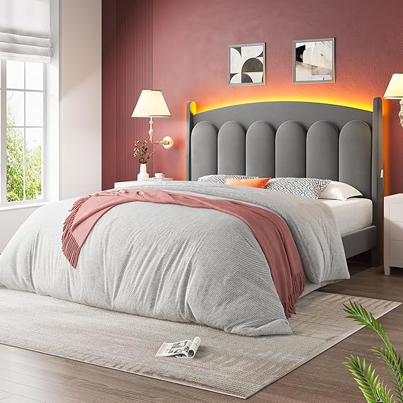 Queen Bed Frame with LED Lights and Adjustable Headboard