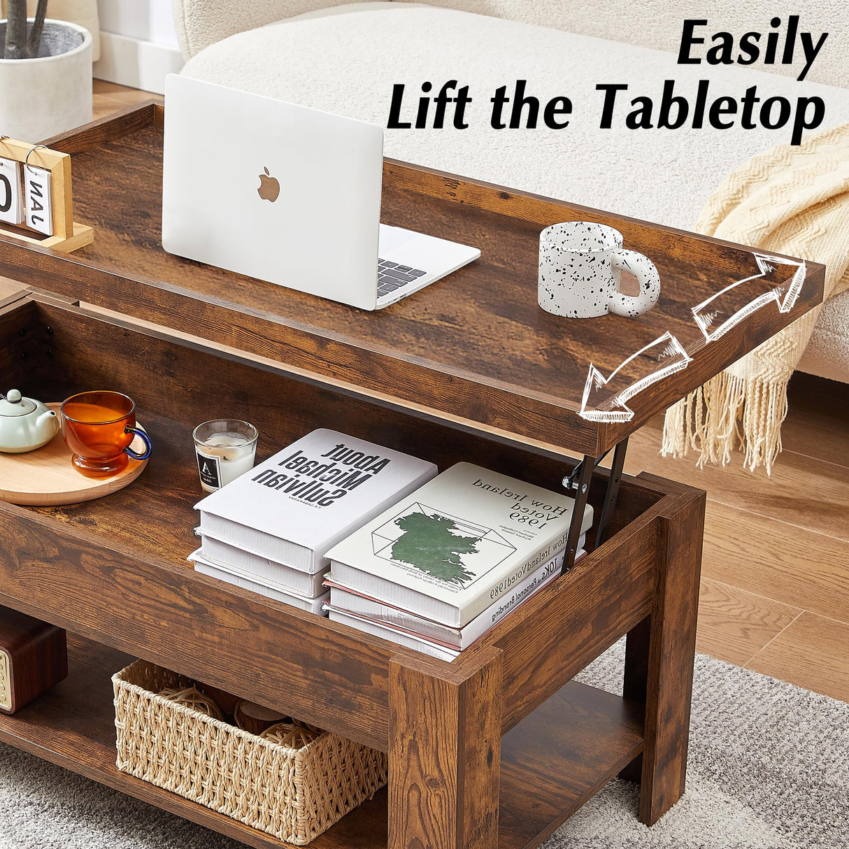 Lift Top Coffee Table with Storage Shelf and Hidden Compartment