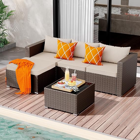 Patio Furniture Set,5 Piece Outdoor Patio Conversation Set All Weather Patio Sofa