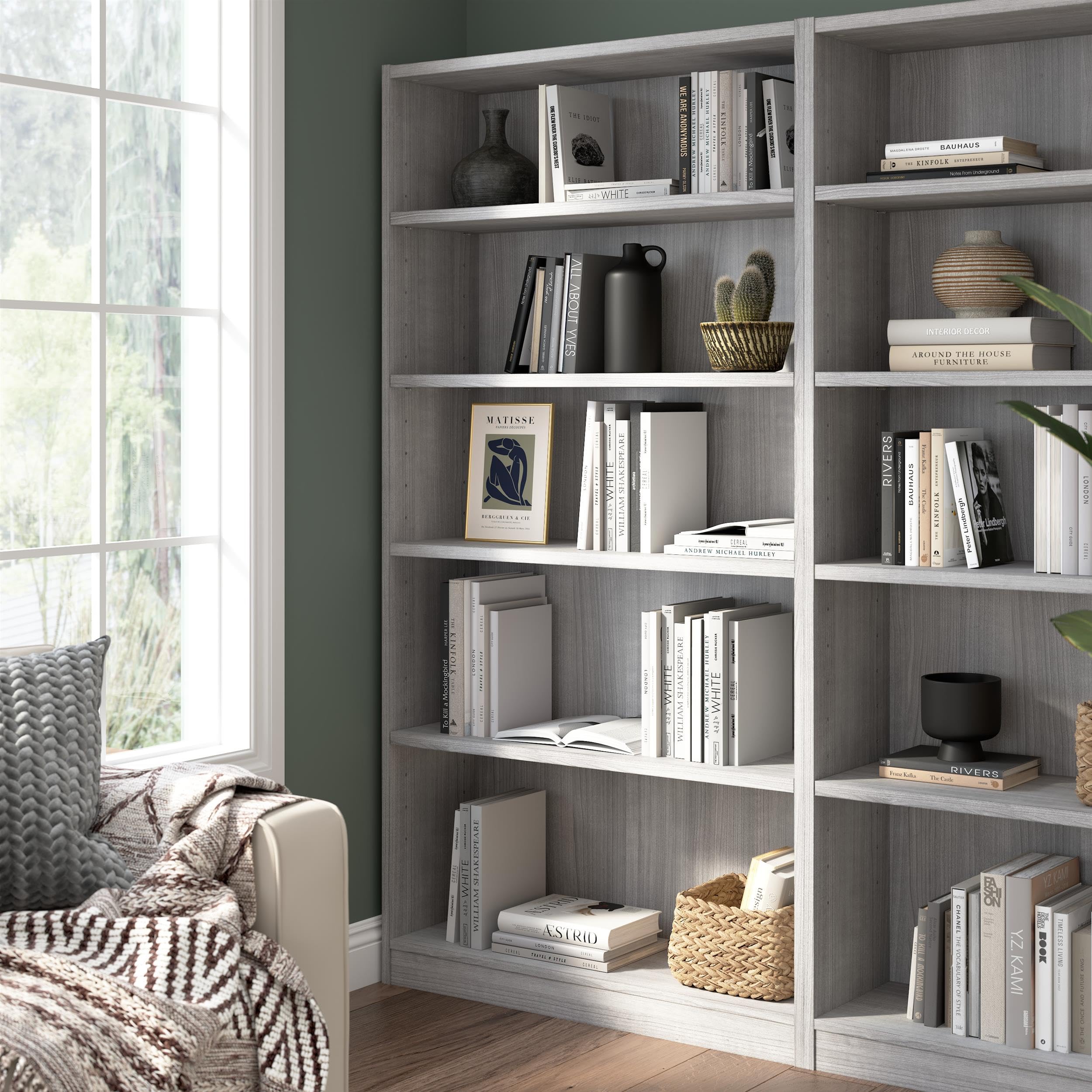 Bush Furniture Universal Tall 5 Shelf Bookcase in Platinum Gray, Vertical Storage and Display Bookshelf for Home Office or Living Room Organization
