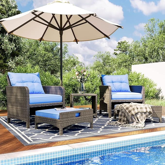 5 Piece Outdoor Patio Bistro Set with Ottoman, Patio Conversation Sets with Tempered Glass Top Side Table