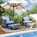 5 Piece Outdoor Patio Bistro Set with Ottoman, Patio Conversation Sets with Tempered Glass Top Side Table