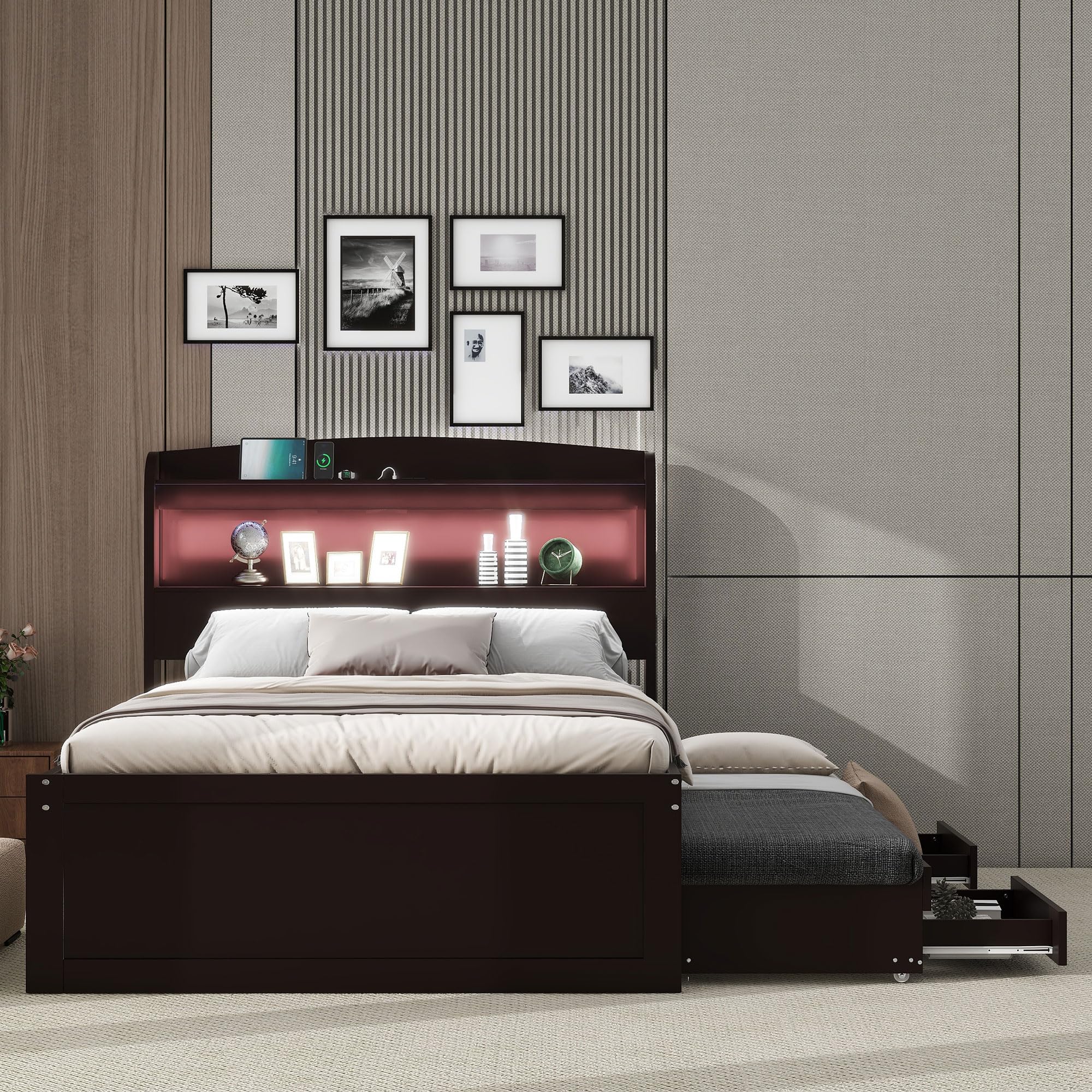 Merax Wood Platform Bed with Storage LED Headboard and USB Charging Station, Twin XL Size Bedframe with Twin Trundle Bed and 2 Drawers, Solid Wooden Slats Support, Easy Assembly, Dark Brown