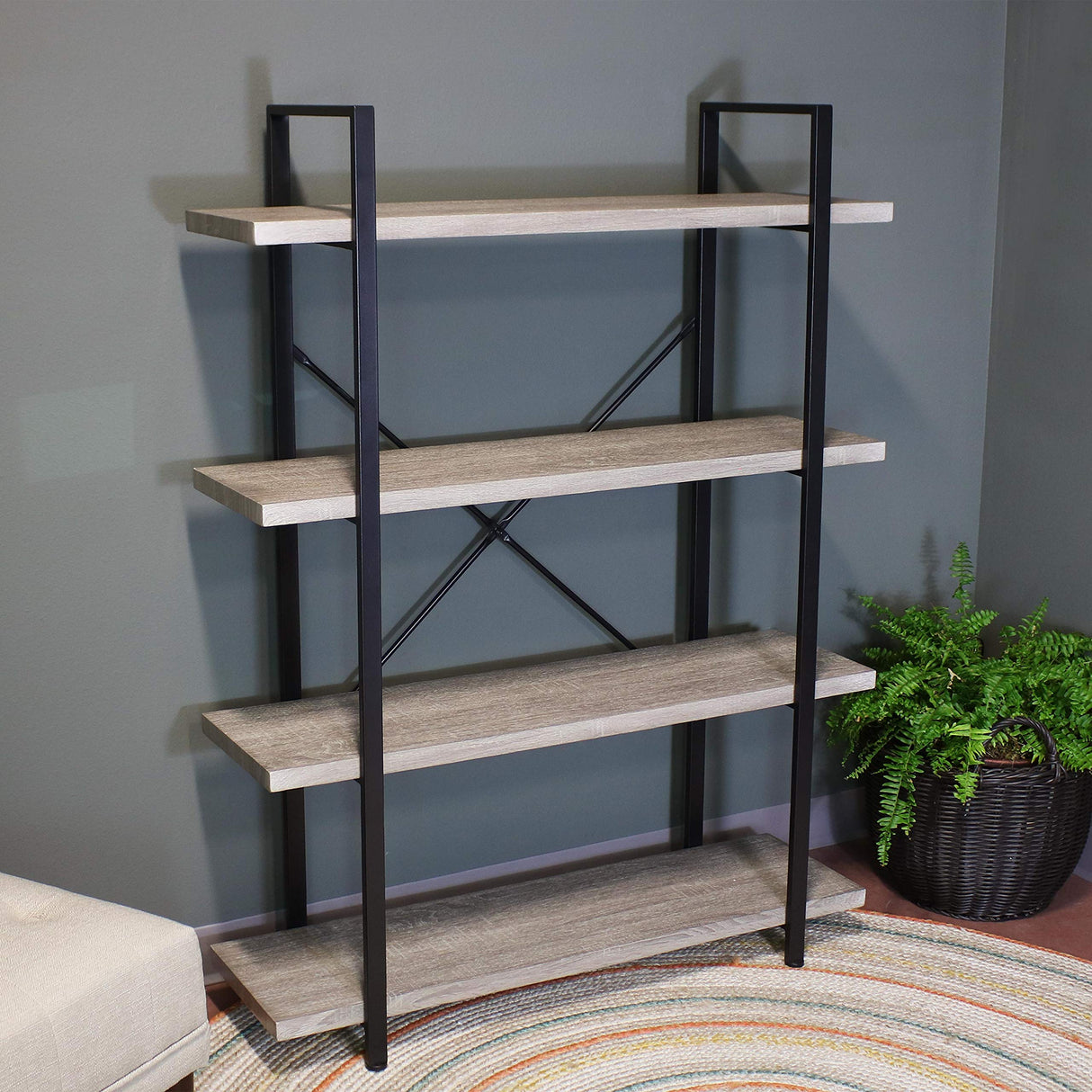 4-Tier Bookshelf - Industrial Style with Freestanding Open Shelves with Veneer Finish