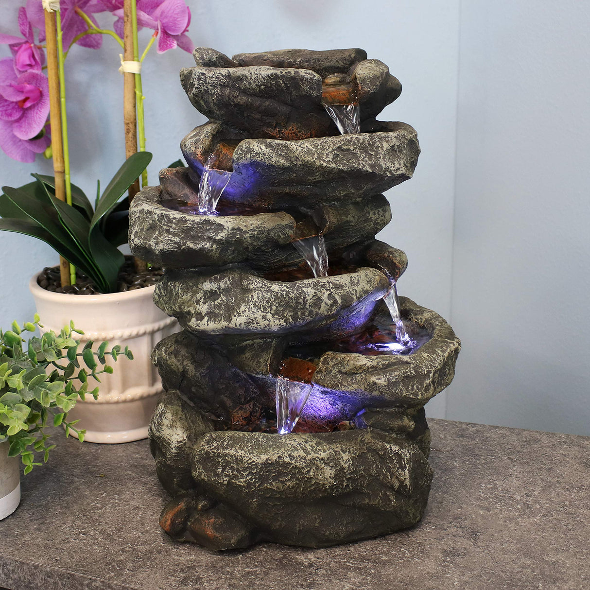 Stone Falls 15-Inch 6-Tier Tabletop Water Fountain with LED Lights - Electric