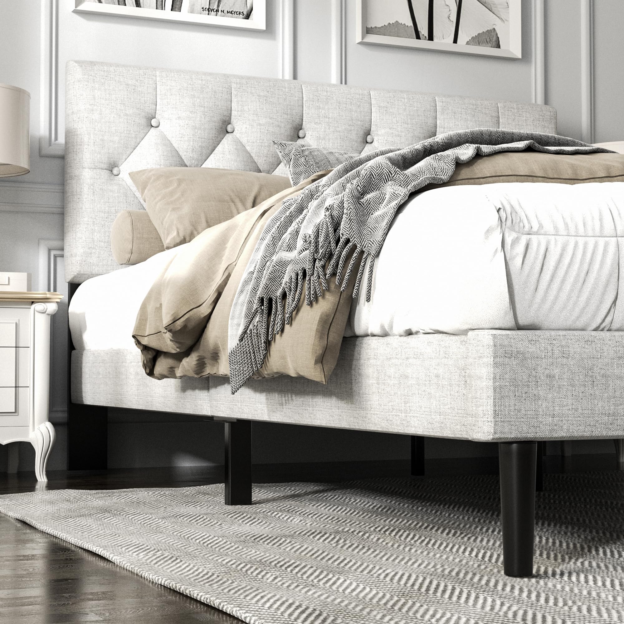 Queen Size Platform Bed Frame with Upholstered Button Tufted Headboard
