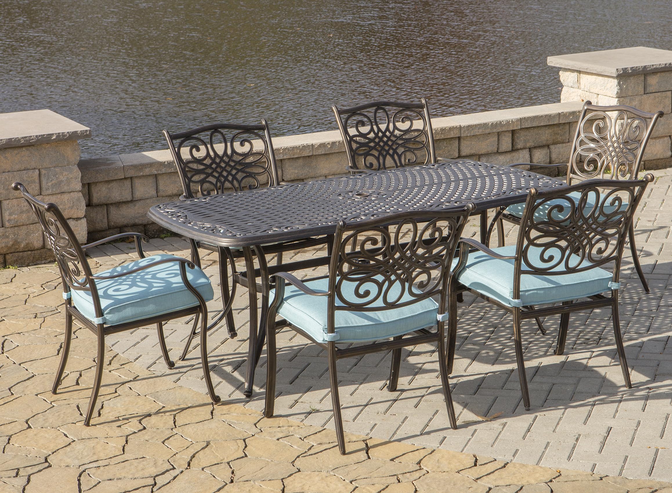 Traditions Seven Piece Aluminum Framed Polyester Outdoor Dining Set - Blue