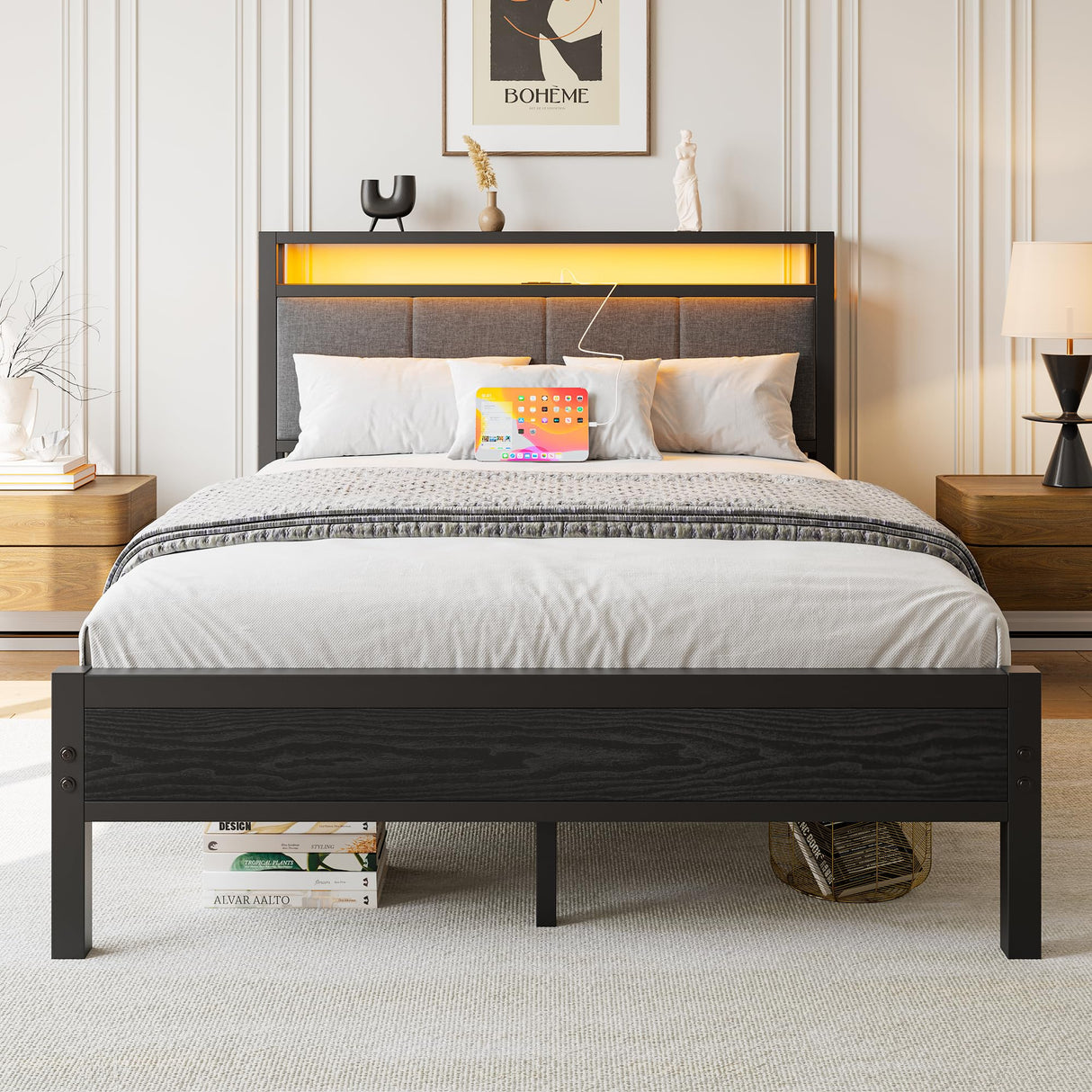 with LED Lights and Charging Station, Heavy Duty Metal Bed with Storage Fabric Headboard