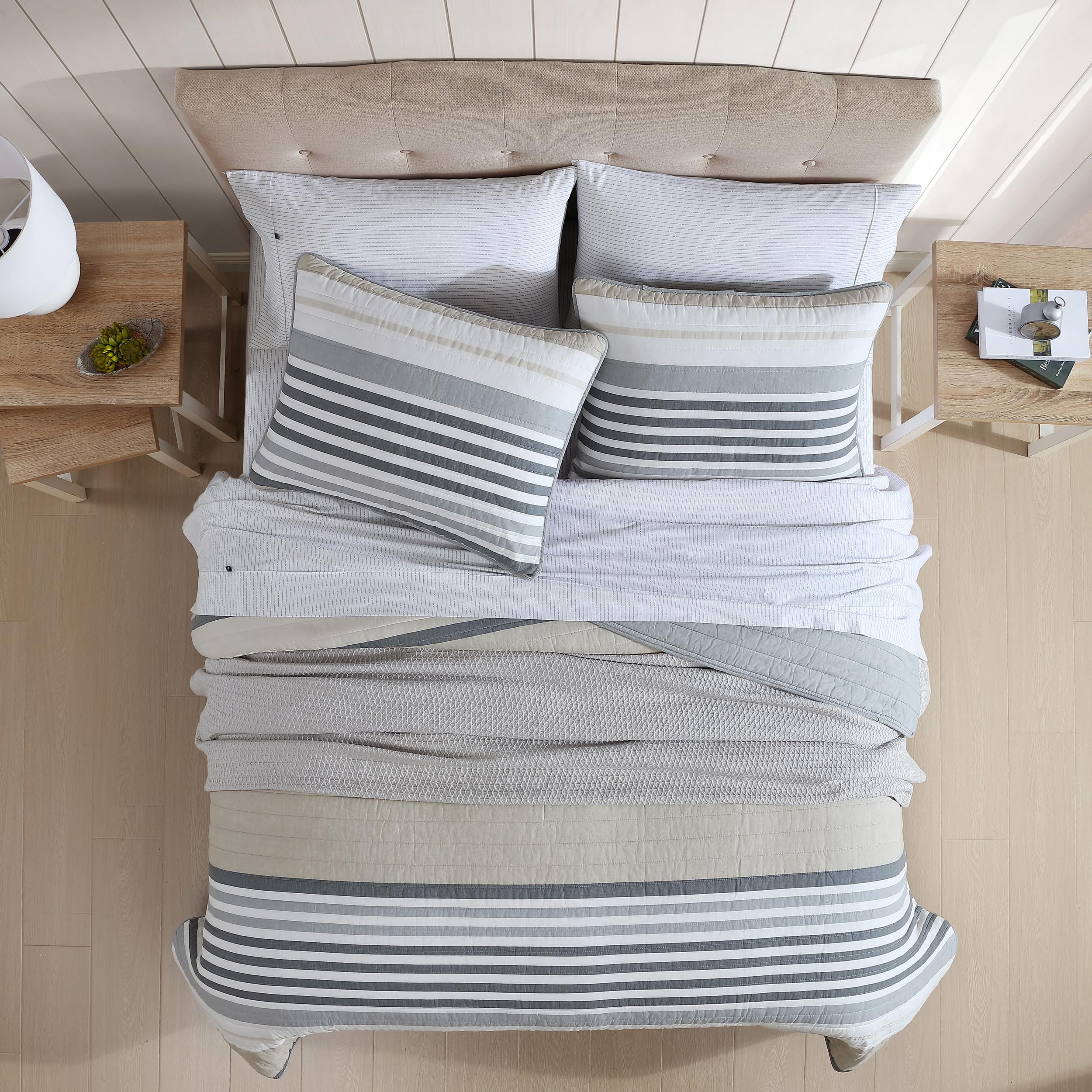 Dover Beige Queen Quilt Set - Reversible Cotton Bedding with Matching Shams