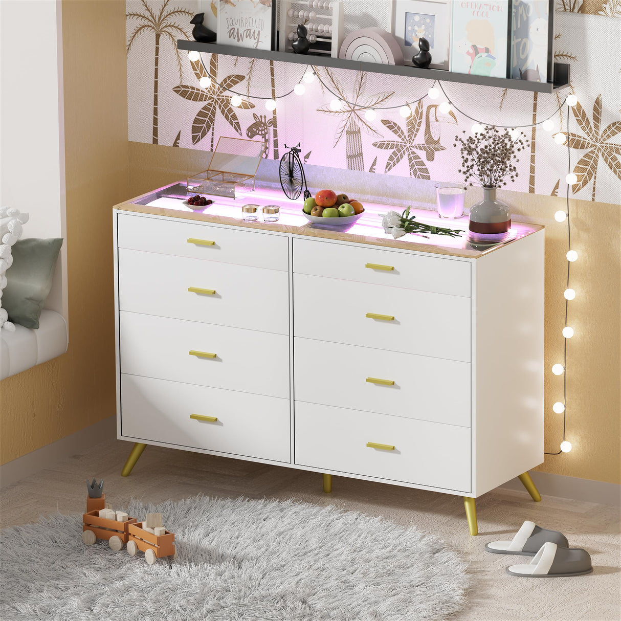 White Dresser with LED Lights for Bedroom,8 Drawer Dressers