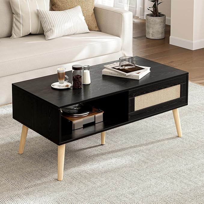 Coffee Table with Storage, Boho Dining Table with Sliding Rattan Door Panel