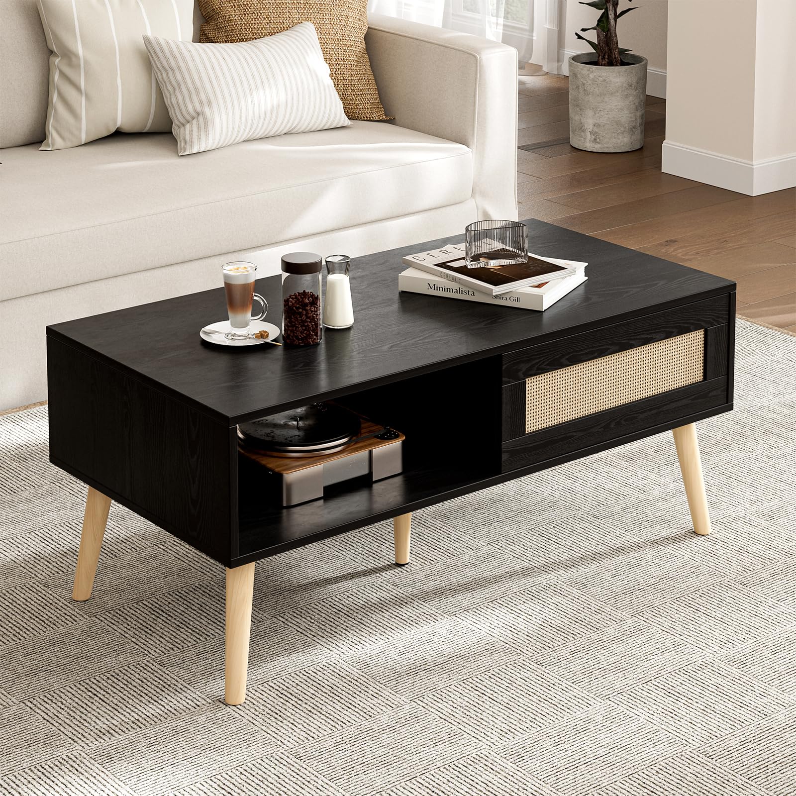 Coffee Table with Storage, Boho Dining Table with Sliding Rattan Door Panel