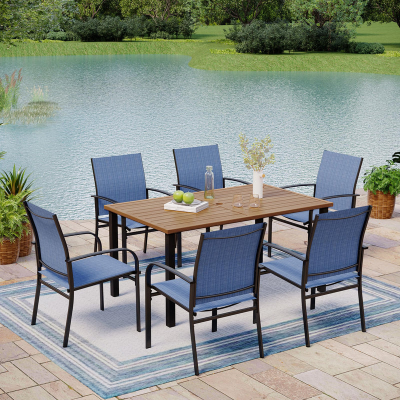 7-Piece Outdoor Dining Set 6 Blue Textilene Chairs