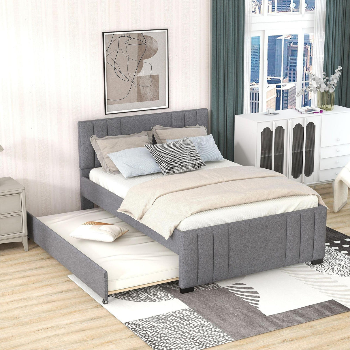 Platform Bed with Trundle, Modern Design and Tufted Linen, Grey