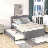 Platform Bed with Trundle, Modern Design and Tufted Linen, Grey