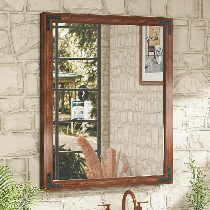 Brown Wood Framed Wall Mirror for Bathroom