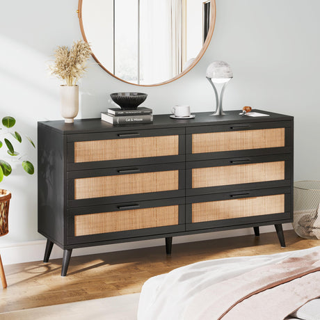 6 Drawer Double Dresser for Bedroom, Rattan Chest of Dressers, Modern Wooden Dresser Chest with Golden