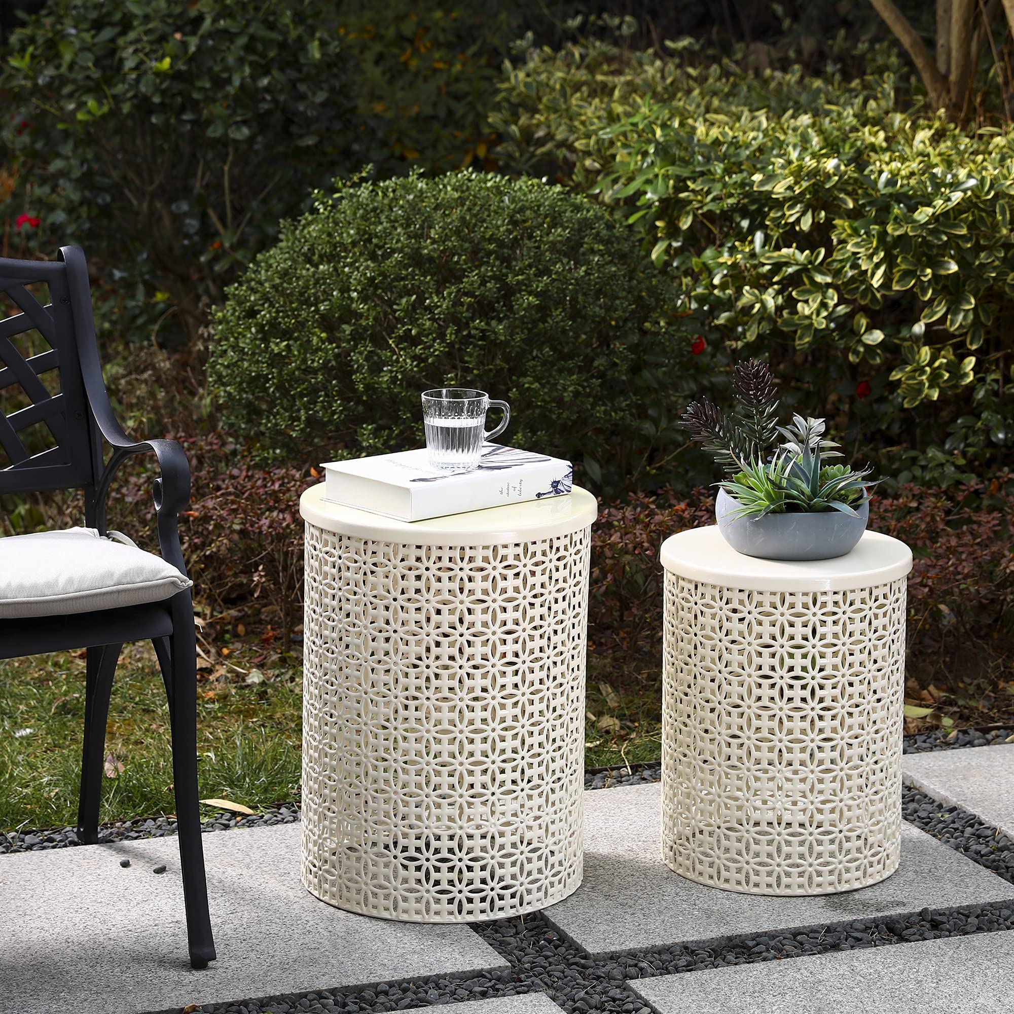 Outdoor Side Table Set of 2, Decorative Garden Stool for Indoor Outdoor Heavy Duty Metal
