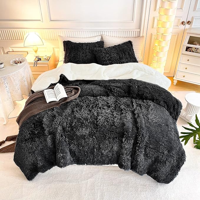 Gray Faux Fur Comforter Set King 3 Pieces - 1 Shaggy Comforter 104x90 and 2 Pillowcases