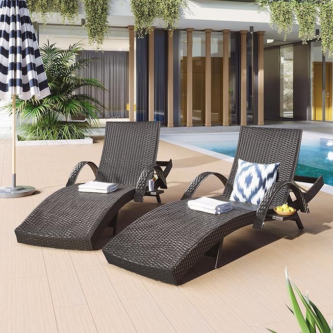 Outdoor Wicker Chaise Lounge Set of 2, Patio Rattan Furniture Reclining Chair Set