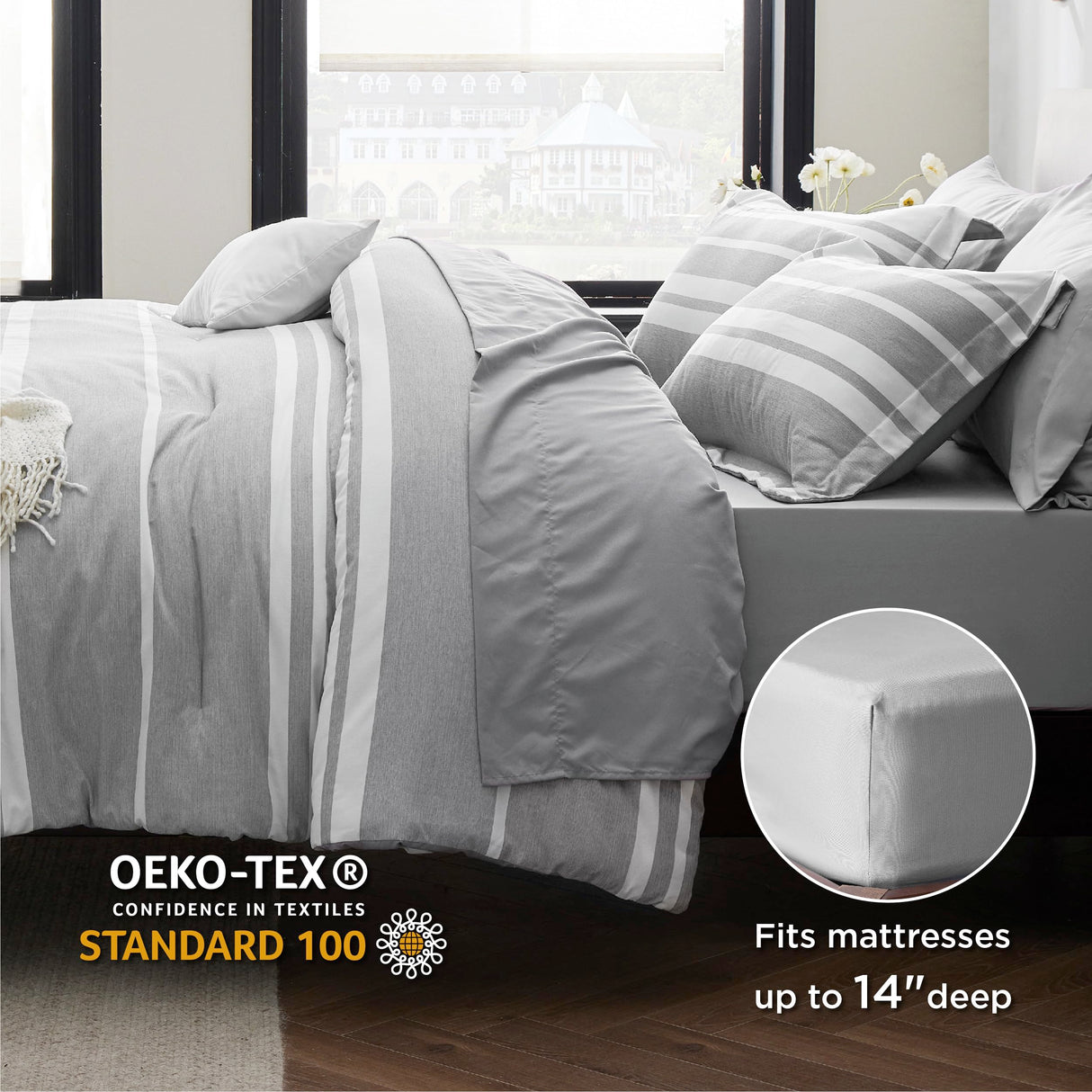 Bedsure Twin Comforter Set 5 Pieces, Gray White Striped Twin Bedding Sets All Season Bed Set, Twin Bed in a Bag with Comforter, Sheets, Pillowcase & Sham