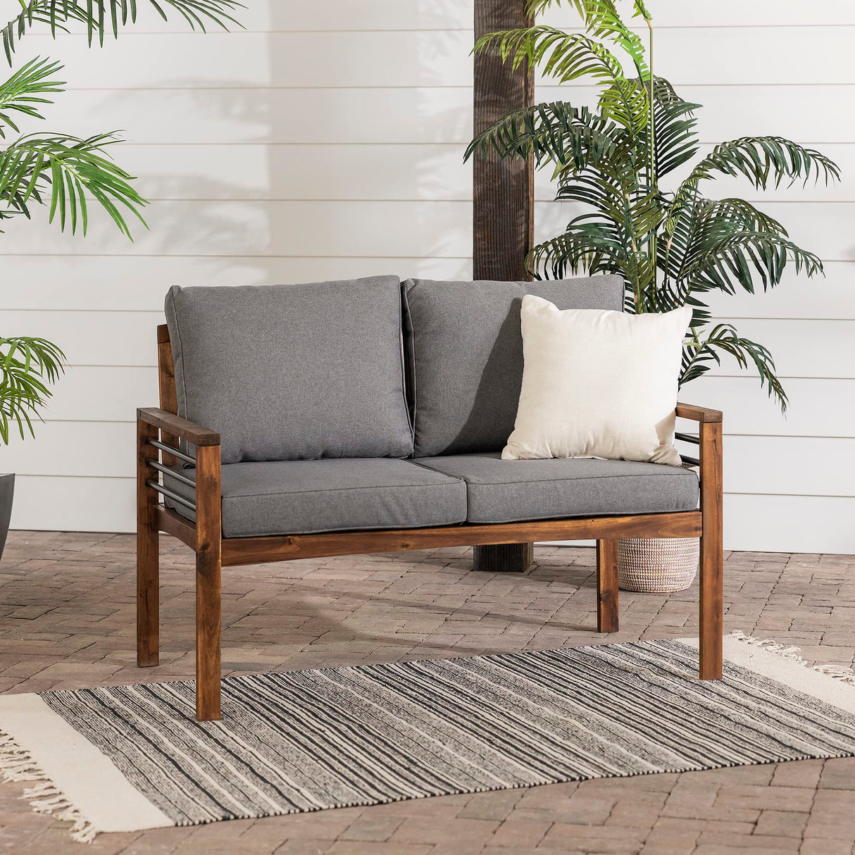 2 Person Outdoor Patio Modern Wood and Metal Loveseat with Washable Cushions